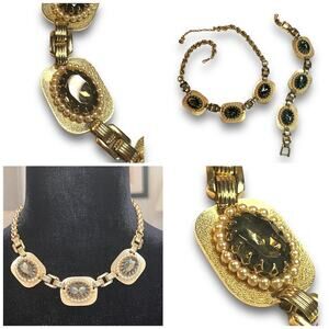 JUDY LEE OLIVE GREEN & PEARLS NECKLACE and BRACELET VINTAGE 1950s MID CENTURY